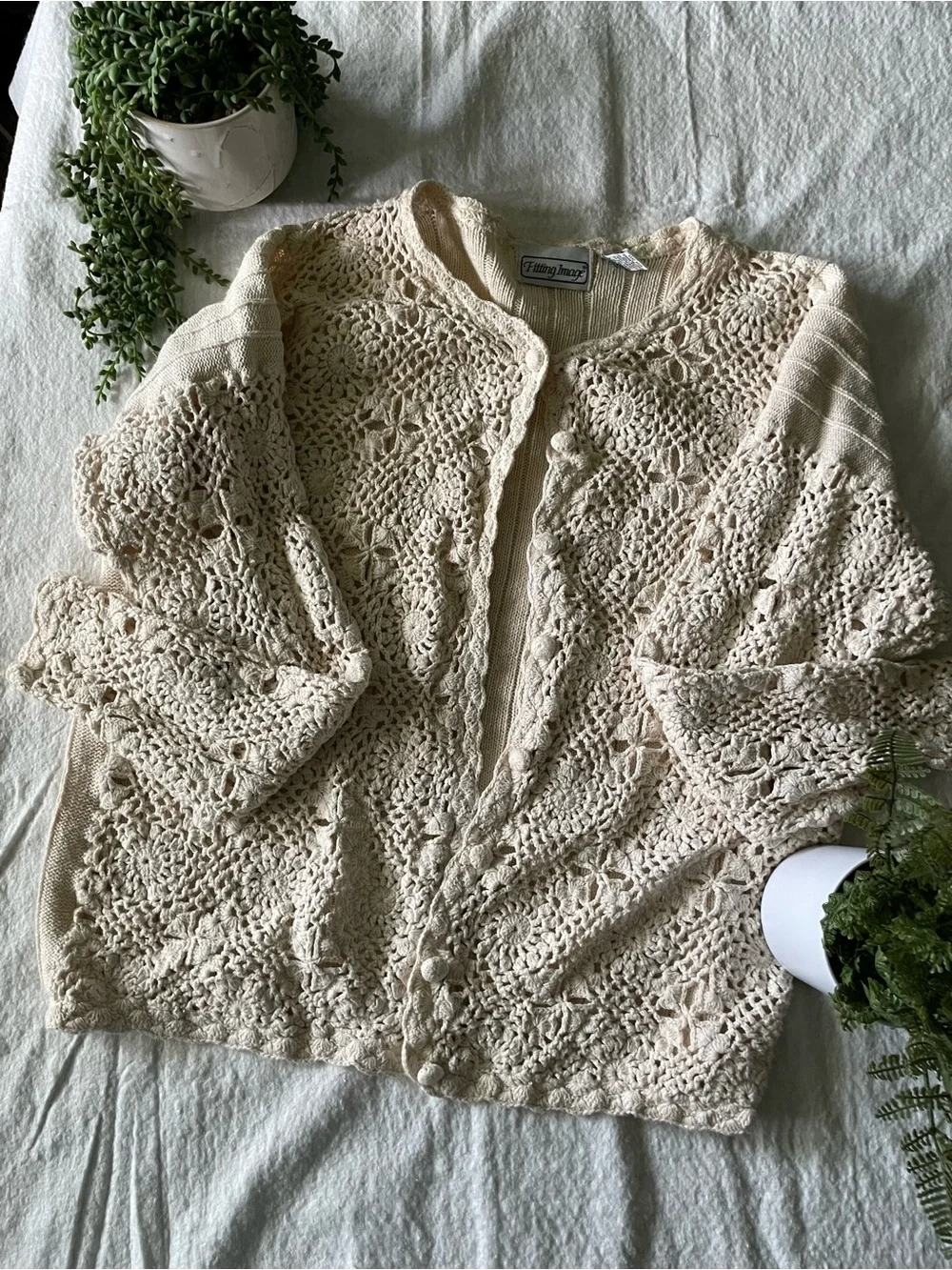 Vintage Crochet Button Front Cardigan - Cream - Picture 2 of 6